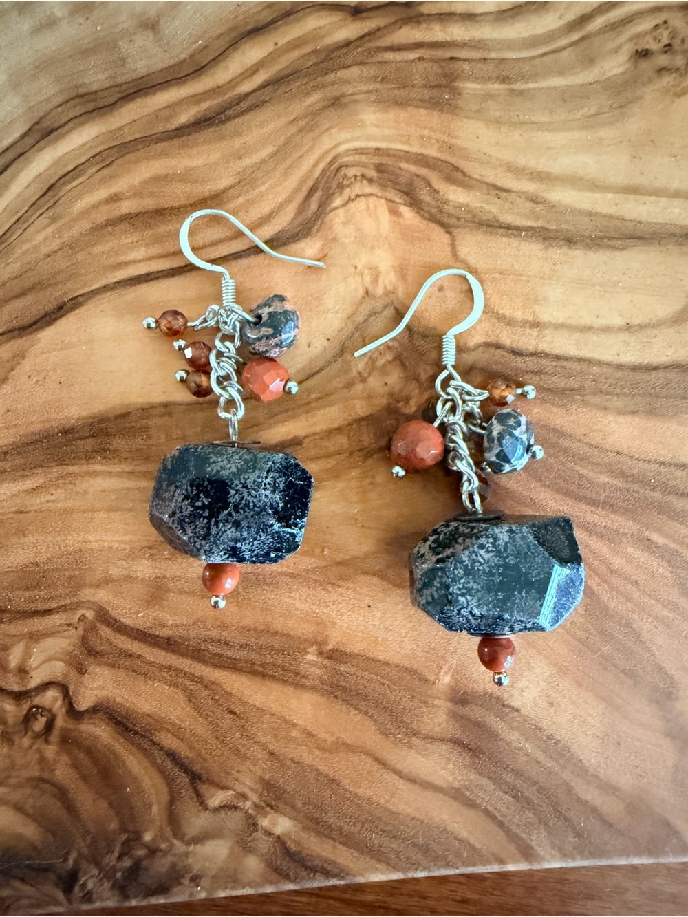 Silver/Black Tone Rock & Carnelian Drop Earrings